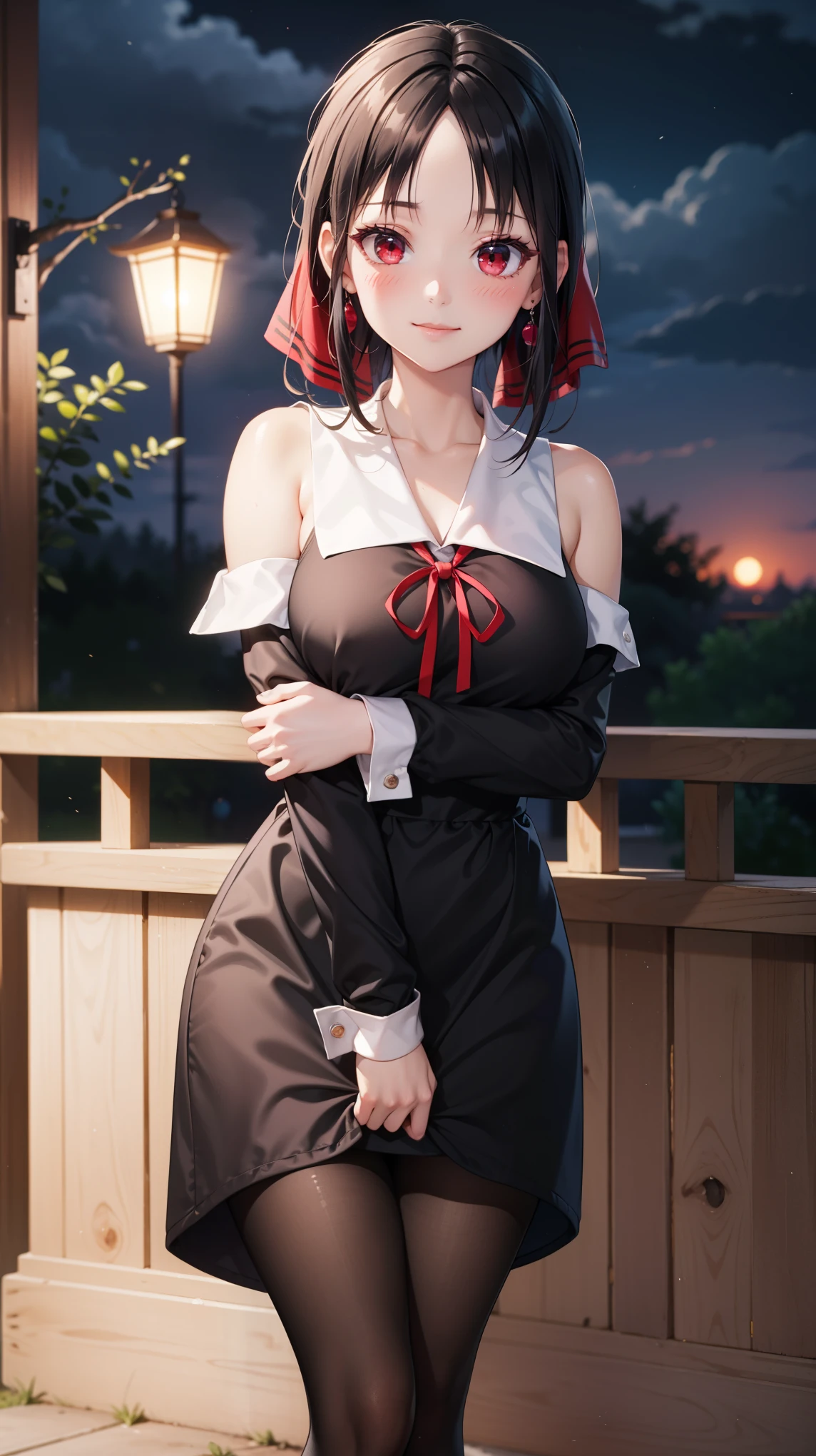  masterpiece , ultra detail,  lyrics, 8k pixels, blush, bright eyes, standing, outdoors, smile, (Evening:1.5),  slim body,   narrow waist ,  Large breasts ,your bramble, long hair,  black hair, red eyes,  bare shoulder , red sweater dress , pantyhose, earrings (Kaguya Shinomiya) (Bow in the hair) ((muy escotada)) ((enfocate en los pechos)) ((pechos descubiertos))