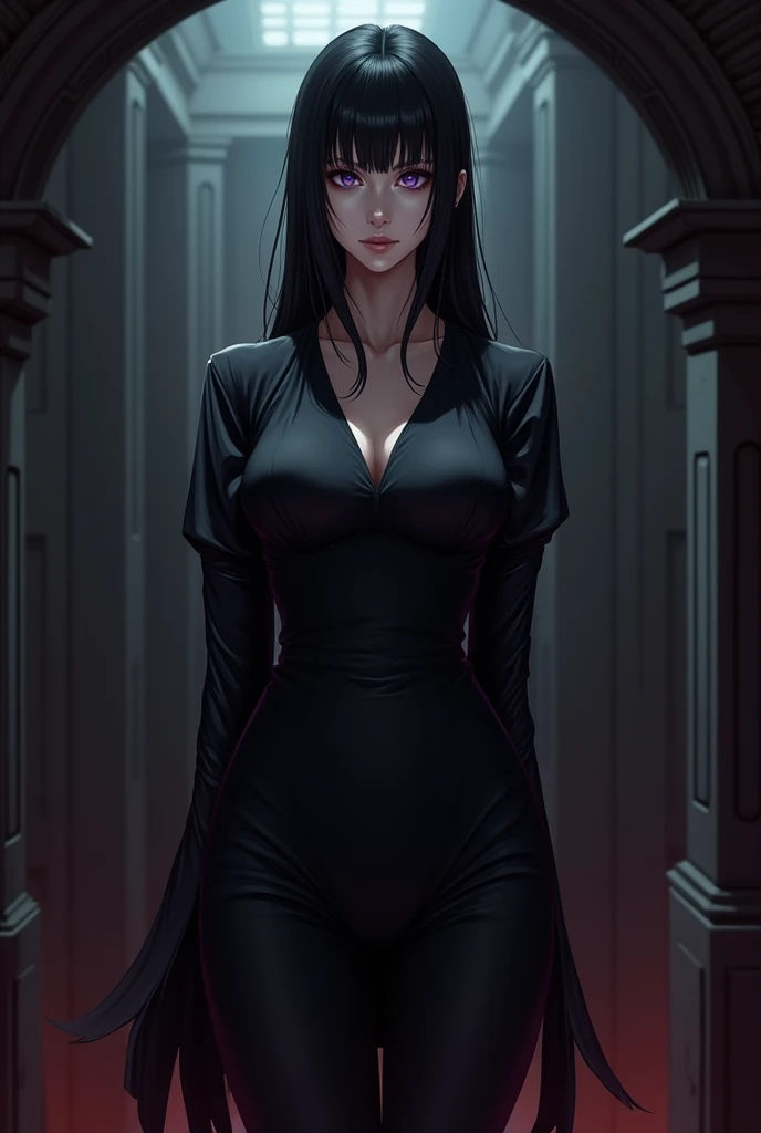 "The woman stands out in her elegant ensemble, featuring a form-fitting black dress that tastefully accentuates her curvy silhouette. The dress, paired with a flowing black cape, not only underscores her voluptuous figure but also adds a touch of drama. Her generous bust, a prominent aspect of her physique, is subtly highlighted by the cut of the dress, which celebrates her feminine contours without undue emphasis on specific measurements. The breasts measuring 118.5 cm in diameter."