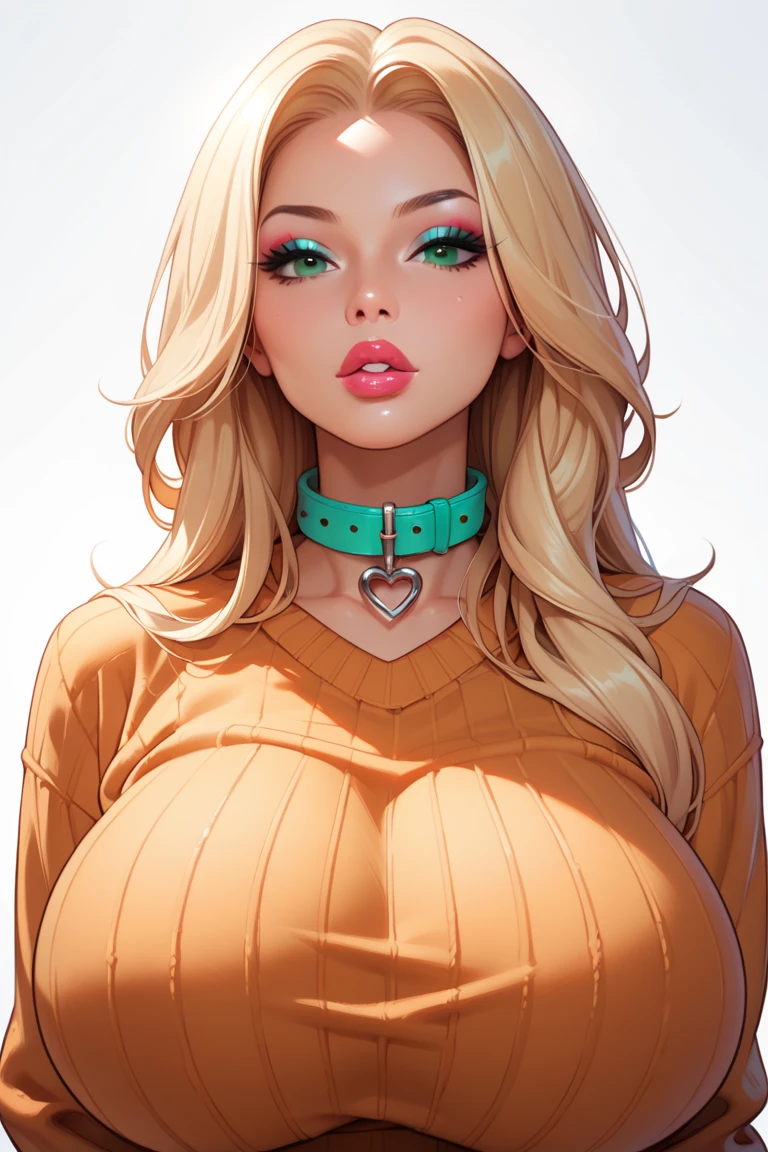 
score_9, score_8_up, score_7_up, 1girl,solo, upper body,looking at viewer, white background, voluminous long blonde hair, makeup, parted lips, lipstick, eyeliner, bimbo, gigantic breasts, sweater, mint green eyes, Collar around neck, hands cuffed behind back, dynamic view.