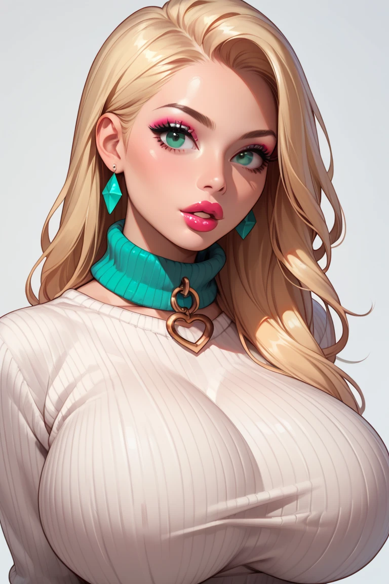 
score_9, score_8_up, score_7_up, 1girl,solo, upper body,looking at viewer, white background, voluminous long blonde hair, makeup, parted lips, lipstick, eyeliner, bimbo, gigantic breasts, sweater, mint green eyes, Collar around neck, hands cuffed behind back, dynamic view.