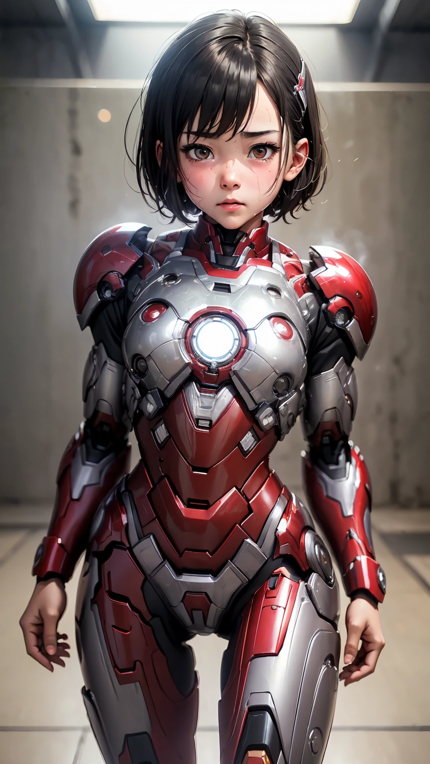  best quality　 8k Iron Man Suit Girl　 elementary school girl　Sweaty face　cute　 Shorthair　 BOYISH　 Steam coming out of the head　 my hair is wet from sweat　The feel of black hair　 full body portrait 　  external expression 　Drooling from the mouth　 look up 　bare hands