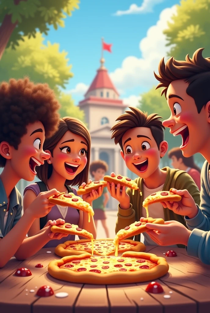 make a picture where 3 friends are together eating pizza. the first friend is white, has straight black hair and is wearing a shirt that says SR. GUILUS, the second friend has black wavy hair, He is muscular and is wearing a shirt that says SR. JAMES, the last friend is black, thin with short curly hair and wearing a shirt that says SR. CHAMOMILE 