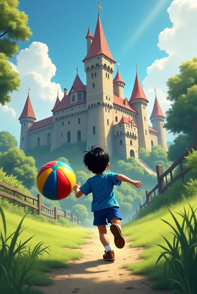3d animation Disney inspired a boy play football in ocean beach wearing blue t-shirt found a secret world on the deep ocean where beautiful city located and fish were around
