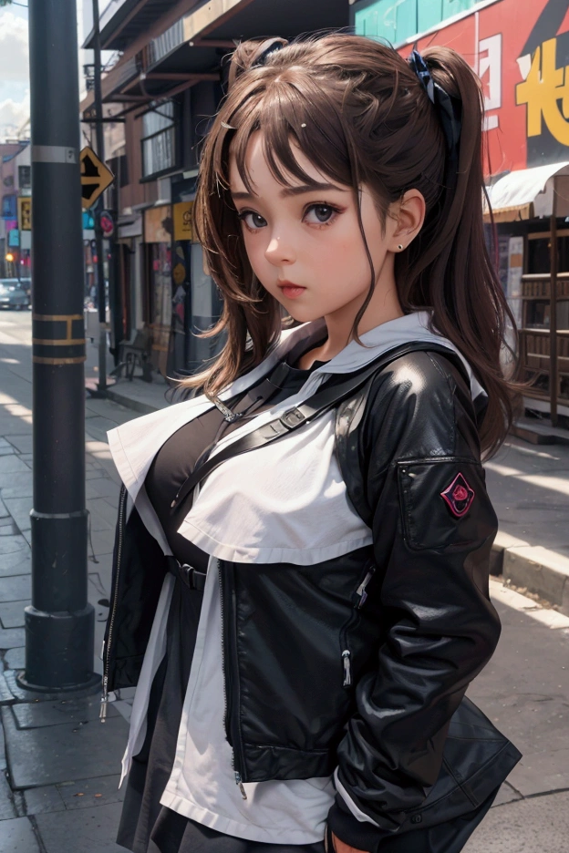A gorgeous 25-year-old woman with big breasts, intense blue eyes e with long brown hair stands in an autumn evening rain. The scene magical with the lights of the city street lamps creating a unique atmosphere. Her hair wet, but she smiles happily, wearing a raincoat that protects her from the rain and a leather folder on her head.