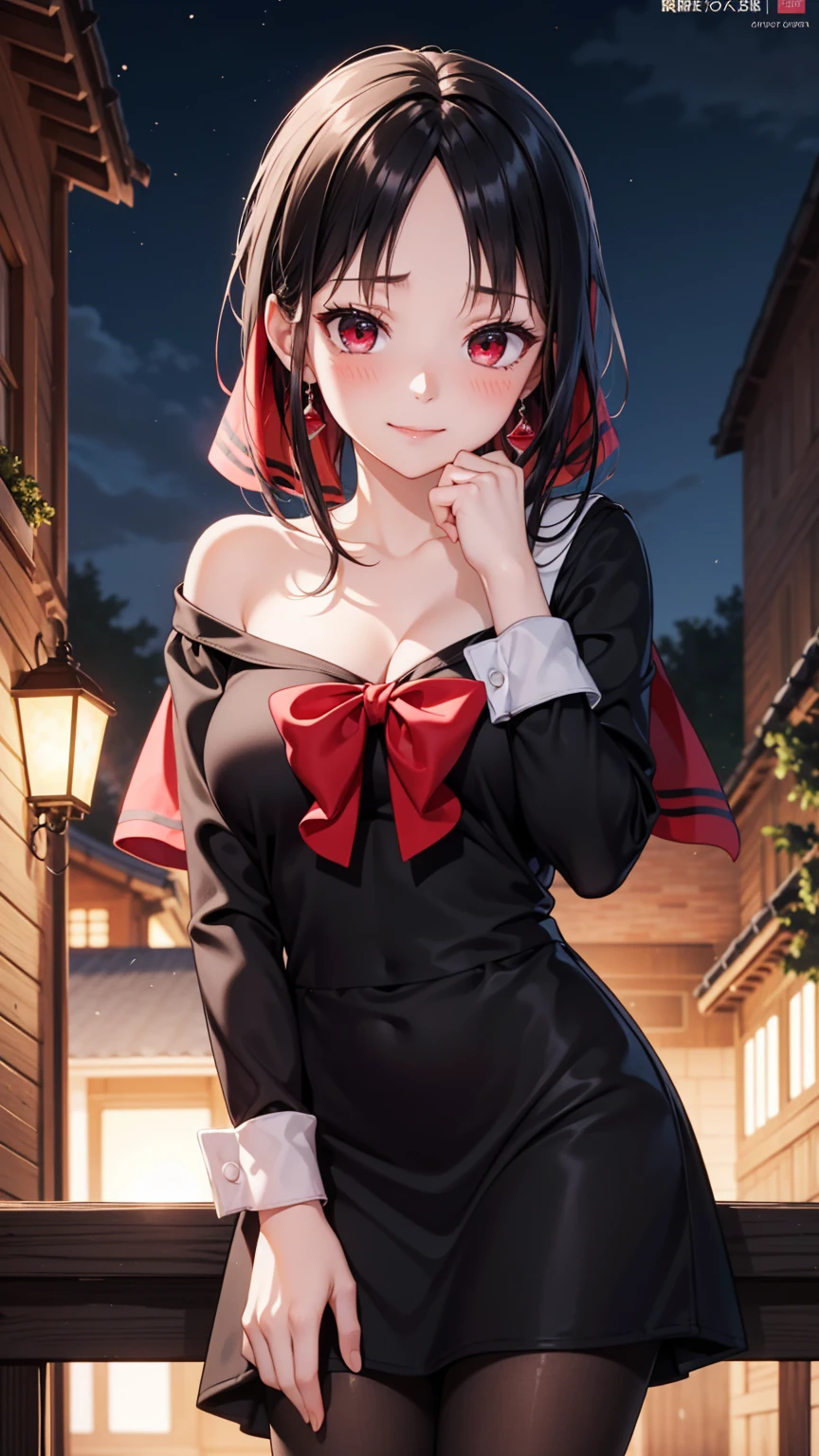  masterpiece , ultra detail,  lyrics, 8k pixels, blush, bright eyes, standing, outdoors, smile, (Evening:1.5),  slim body,   narrow waist ,  Large breasts ,your bramble, long hair,  black hair, red eyes,  bare shoulder , red sweater dress , pantyhose, earrings (Kaguya Shinomiya) (Bow in the hair) ((muy escotada)) ((enfocate en los pechos)) ((pechos descubiertos))