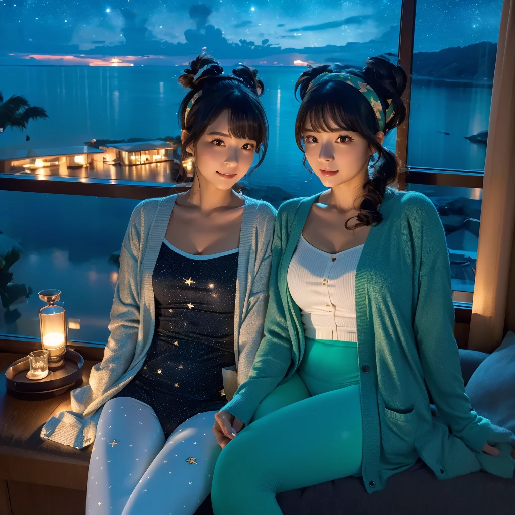 Two Women .(Nightsky.starry).window (8k)  Inside  room. (Selfee) . cardigan. Robe. Ribbon. Sofa sit.  Emerald light . socks. (leggings))). Headband. Pigtails