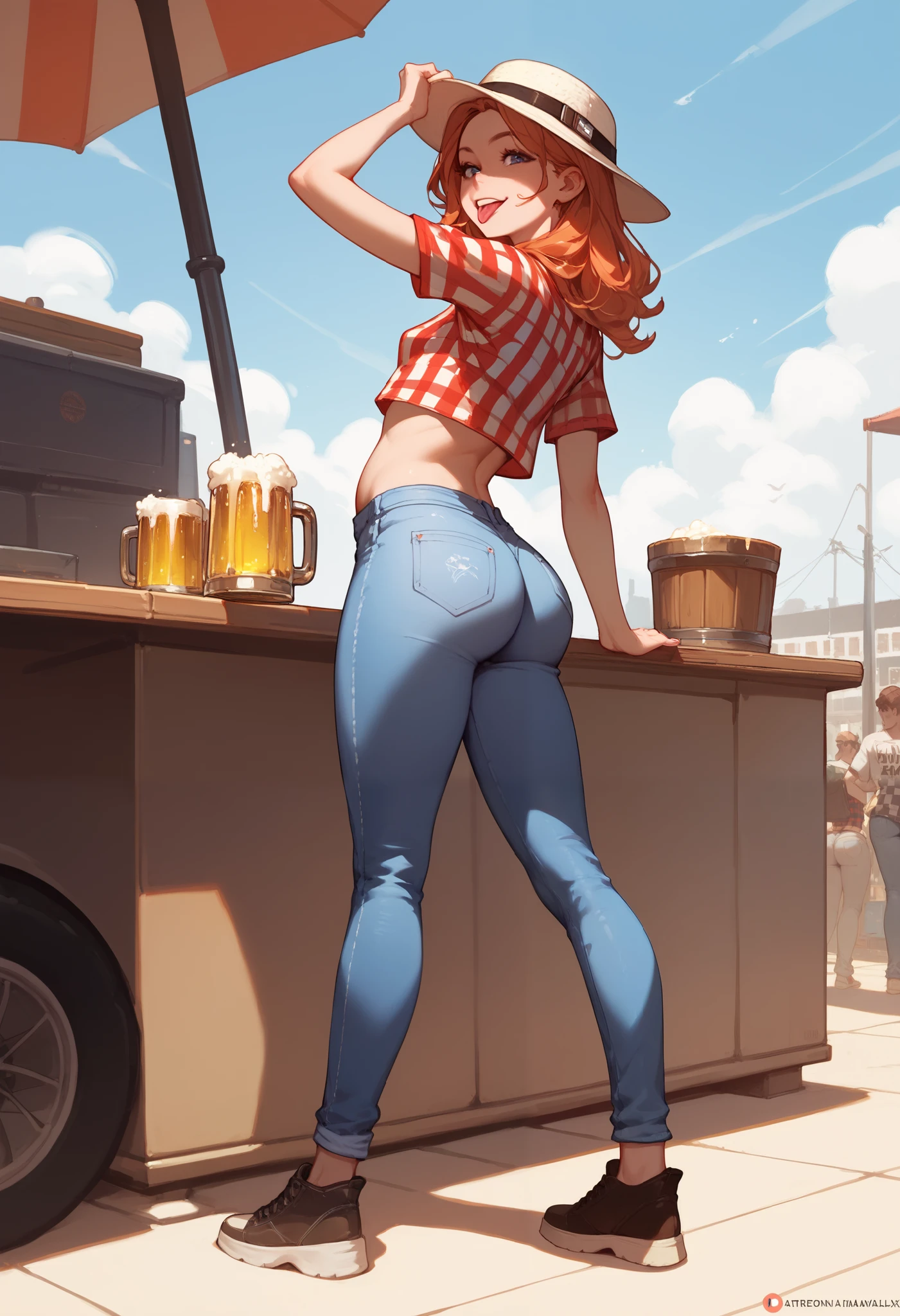 Max caufield, checkered sleeved shirt, shirt, jeans, tongue drop, girl, small breasts, ass, beer belly overhang,