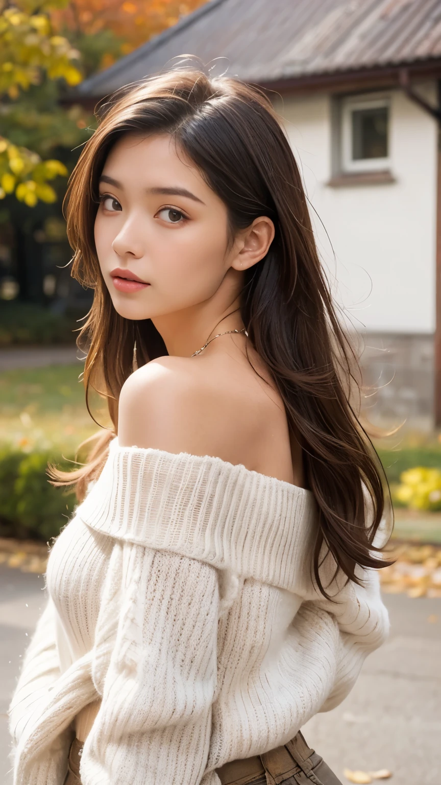  one girl, Age 19, Alone, Long Hair, Great tit,  viewers, long, disheveled light brown hair,  bare shoulders, whole body,  Necklace ,  off-shoulder ,  White Sweater, Realistic,  sexy, Autumn colors,  Like mountains  々.