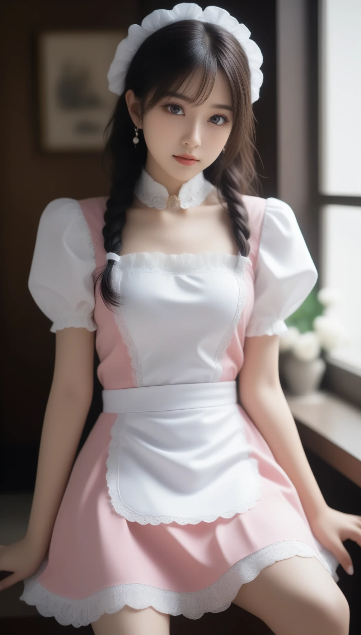 8k, ultra high resolution, best quality, masterpiece, 三分割法によるphotograph, surreal,photograph, one woman,( girl:1.3),cute,cute顔, 細部まで beautiful eyes, 細かく Detailsに,masterpiece,一人の girl:1.2, comet ,Maid cafe staff,cowboy shot,smile,Black hair,twin braids,ID photo,future, brutal cyberpunk woman ,Luxurious and gorgeous, cafe counter ,(( rococo maid outfit:1.5)),white apron ,knee high boots, fancy fashion,Lavish Decoration,(BDSM Mistress),(Cute girl),(Upper class lady:1.5),Expressions of despair,Dark and atmospheric lighting,delicate details, Detailsな顔,anger, charming eyes,(ポートレートphotograph:1.4),( Photorealistic images with attention to detail of hands :1.4), fantasy art,( beautiful face:1.4),美しく charming eyes、 beautiful eyes,Silver Remaining,( Tight waist :1.4)、( beautiful with perfect body proportions:1.4), pink lips,profile,((( ideal body shape))),A cup small bust :2,、Portraiture:2、 perfect anatomy、鮮明な Details、 Details,Thin lips,完璧で beautiful face ,完璧でcute顔, Skin with attention to detail, Perfect limbs、 thin waist, surreal,Light and Shadow, fashion magazine cover,spotlight