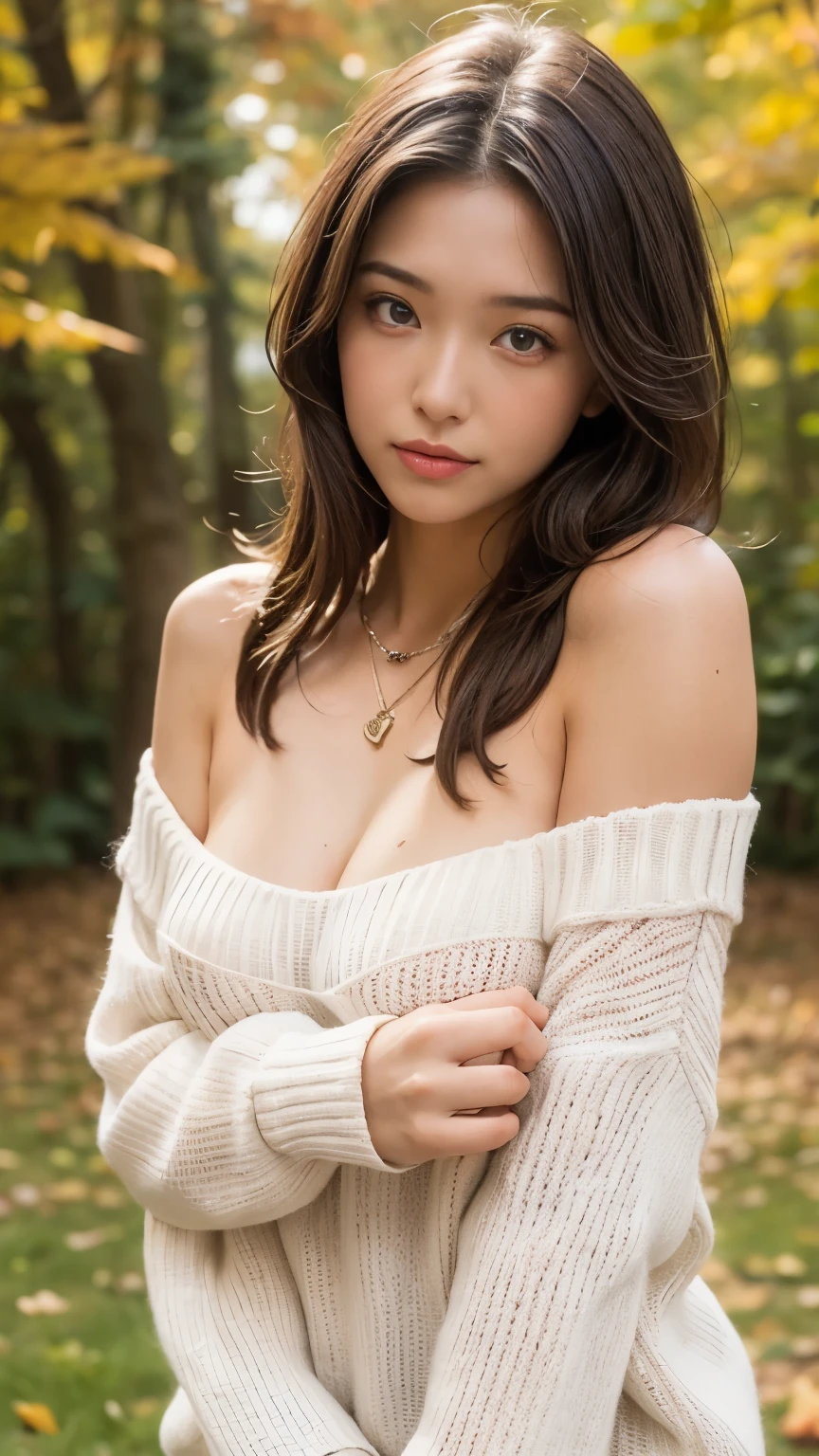  one girl, Age 19, Alone, Long Hair, Great tit,  viewers, long, disheveled light brown hair,  bare shoulders, whole body,  Necklace ,  off-shoulder ,  White Sweater, Realistic,  sexy, Autumn colors,  Like mountains  々.