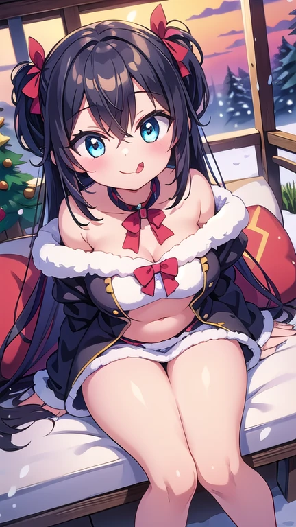 ultra-quality, ultla highres, Hyper Detailed, High contrast, Ultrafine Strike, creative refinement,A dark-haired,ssmile,Santa Claus Costume,Show cleavage,livingroom,5 fingers