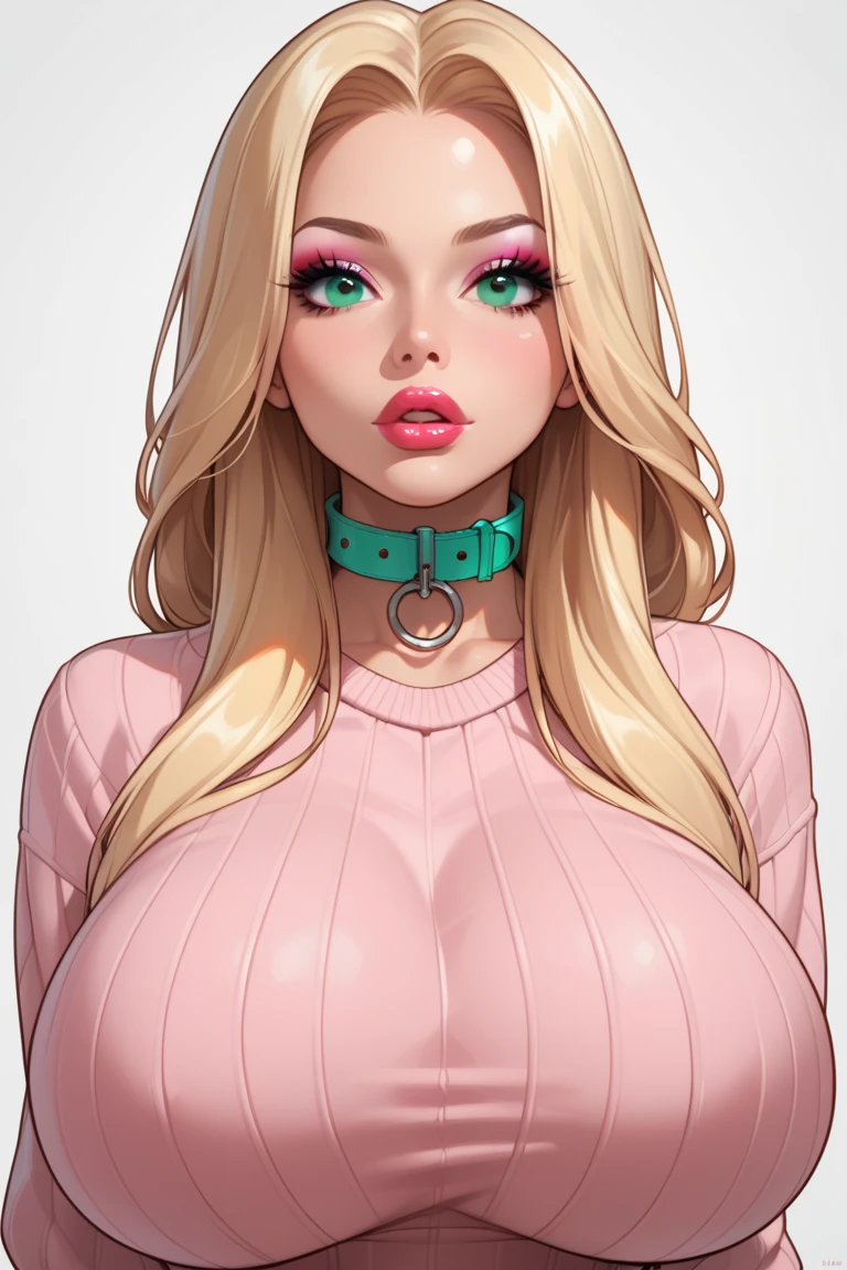 
score_9, score_8_up, score_7_up, 1girl,solo, upper body,looking at viewer, white background, voluminous long blonde hair, makeup, parted lips, lipstick, eyeliner, bimbo, gigantic breasts, sweater, mint green eyes, Collar around neck, hands cuffed behind back, dynamic pose, dynamic angle, angled shot,