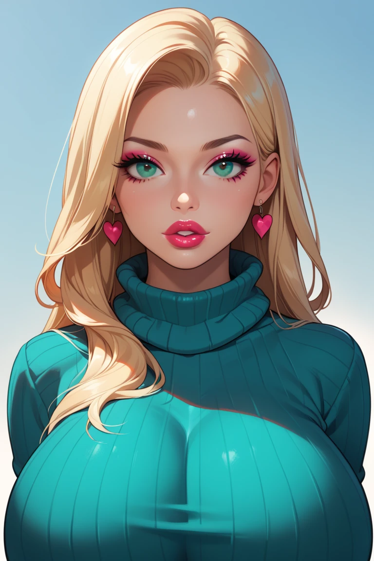 
score_9, score_8_up, score_7_up, 1girl,solo, upper body,looking at viewer, white background, voluminous long blonde hair, makeup, parted lips, lipstick, eyeliner, bimbo, gigantic breasts, sweater, mint green eyes, Collar around neck, hands cuffed behind back, dynamic pose, dynamic angle, angled shot,