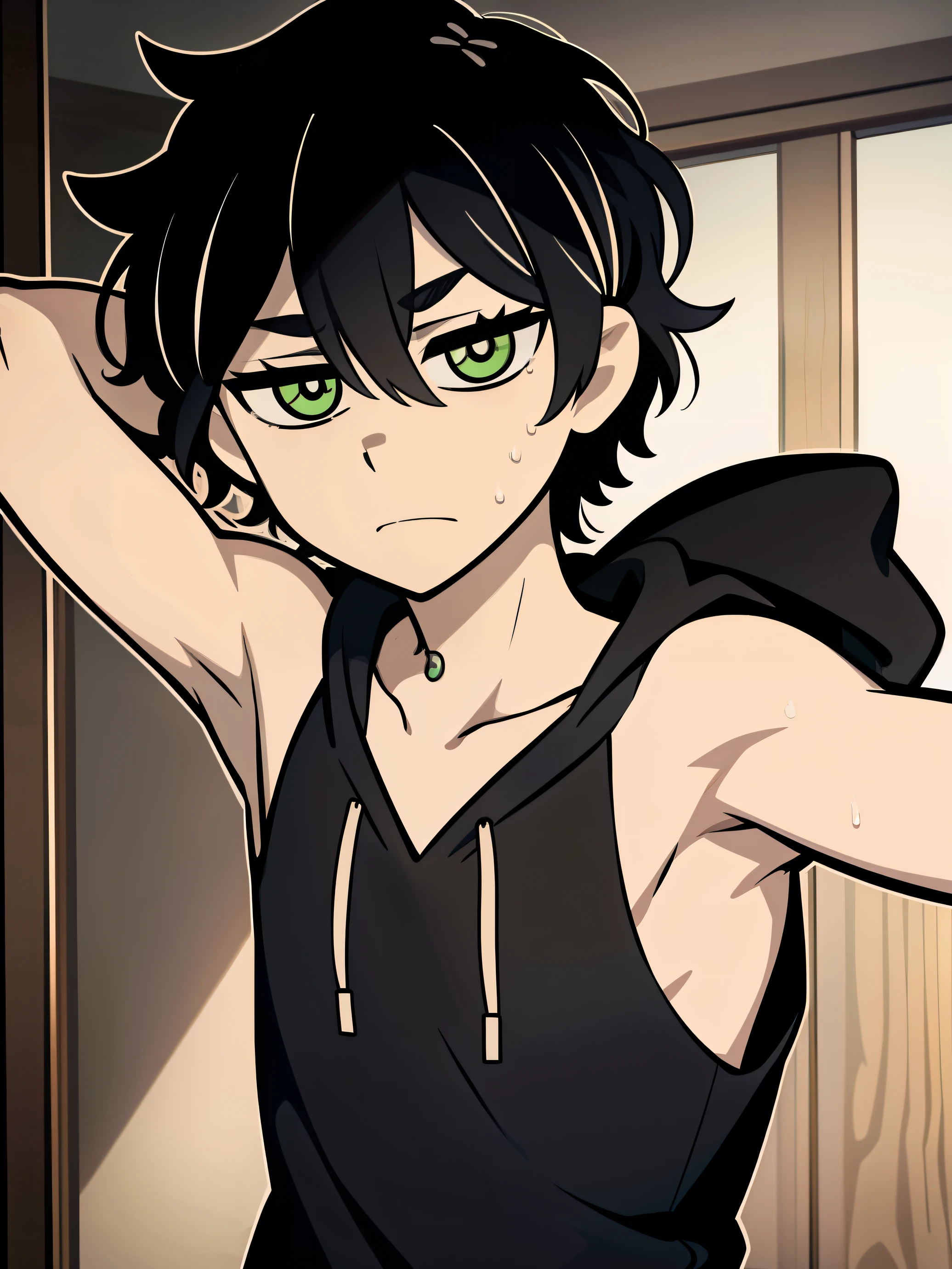 Highres, Masterpiece, Best quality at best,Best Quality,hight quality, hight detailed, Anime style, 1boy, Shota, young boy, Young andy graves, hair between eyes, closed mouth,black hair, green eyes, Slim body, messy hair, bright pupils, look at viewer,Sleeveless vest, Bare shoulder, choker, Flat chest, upper body, simple beckground, (Showing armpit:1.3), (very young boy), (very small and short body), simple beckground, hansome boy, Uhd, bokeh, sweat