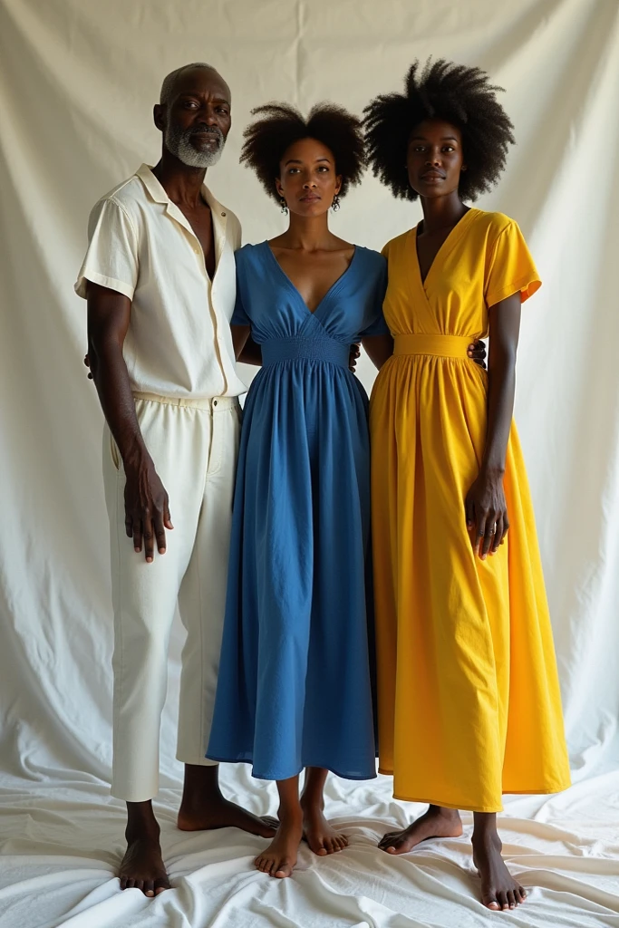 Old black man sitting dressed in white, old black woman dressed in yellow sitting, black woman dressed in blue, black woman dressed in red in the sky 