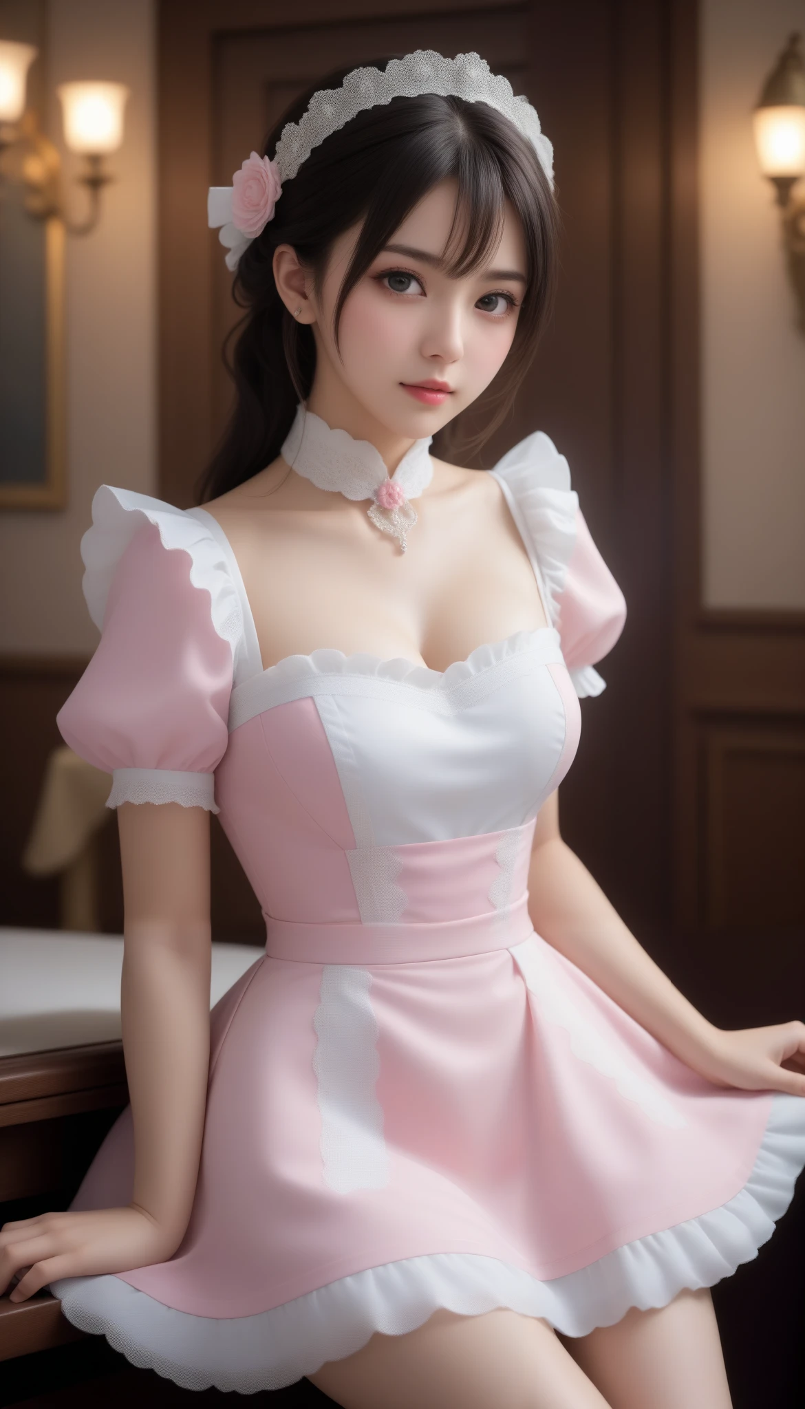 8k, ultra high resolution, best quality, masterpiece, 三分割法によるphotograph, surreal,photograph, one woman,( girl:1.3),cute,cute顔, 細部まで beautiful eyes, 細かく Detailsに,masterpiece,一人の girl:1.2, comet ,Maid cafe staff,cowboy shot,smile,Black hair,twin braids,ID photo,future, brutal cyberpunk woman ,Luxurious and gorgeous, cafe counter ,(( rococo maid outfit:1.5)),white apron ,knee high boots, fancy fashion,Lavish Decoration,(BDSM Mistress),(Cute girl),(Upper class lady:1.5),Expressions of despair,Dark and atmospheric lighting,delicate details, Detailsな顔,anger, charming eyes,(ポートレートphotograph:1.4),( Photorealistic images with attention to detail of hands :1.4), fantasy art,( beautiful face:1.4),美しく charming eyes、 beautiful eyes,Silver Remaining,( Tight waist :1.4)、( beautiful with perfect body proportions:1.4), pink lips,profile,((( ideal body shape))),A cup small bust :2,、Portraiture:2、 perfect anatomy、鮮明な Details、 Details,Thin lips,完璧で beautiful face ,完璧でcute顔, Skin with attention to detail, Perfect limbs、 thin waist, surreal,Light and Shadow, fashion magazine cover,spotlight