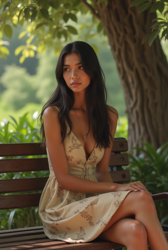 A young woman sitting on wood chair, in nature, beautiful dresses, big red and green plants and flowers, 8 k quality