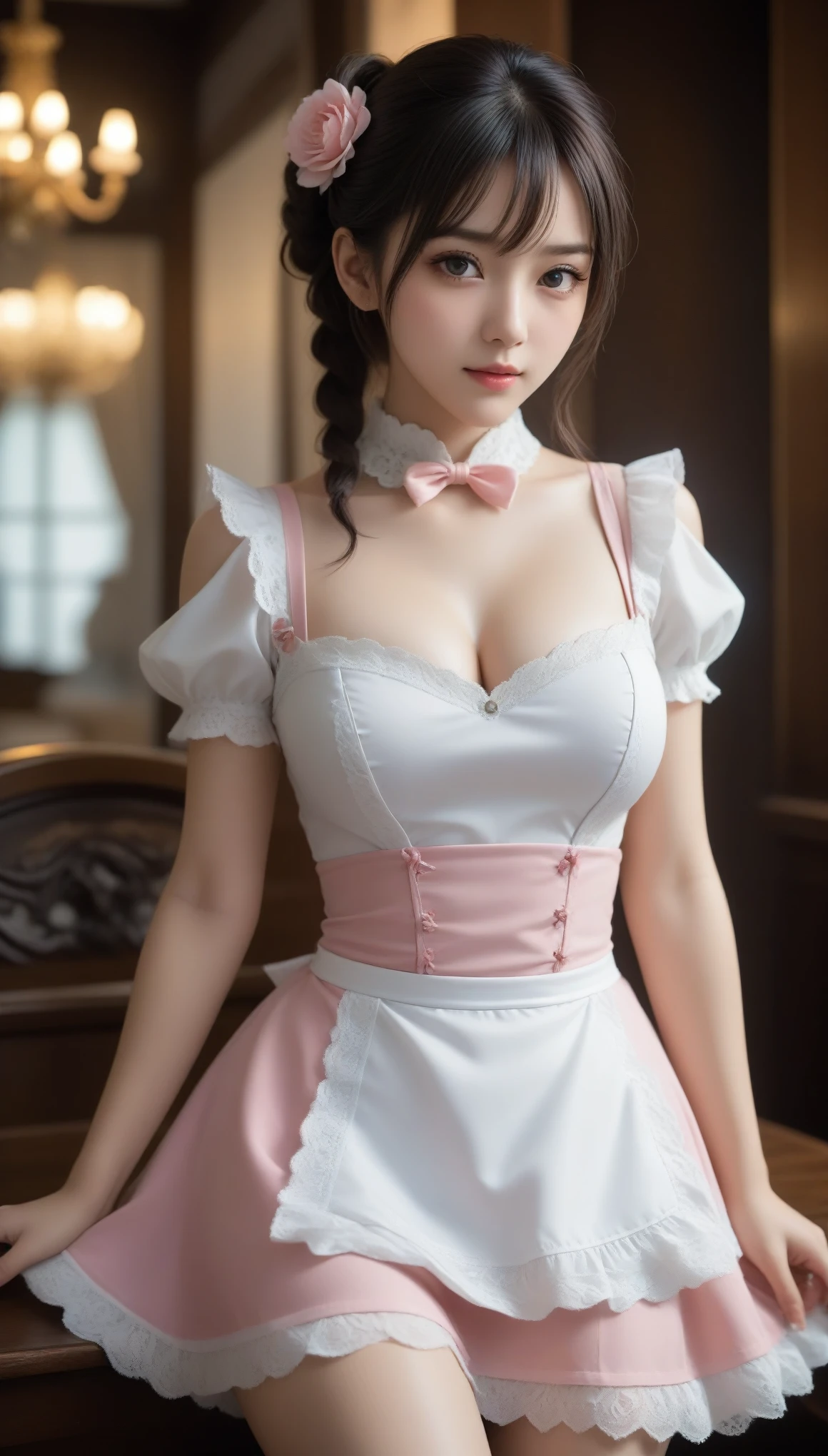 Painted smoky makeup, eye shadow, Maid Girl in Pink, Silky hair, Wearing hair accessories or earrings, Sweet smile. She wore a maid skirt, White stockings on her legs, and lace gloves. Scenes are random.Colossal tits、cleavage of the breast、model poses、pony tail hairstyle、