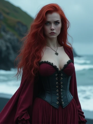 (White Lace abyss) 1girl bangs White Lace shoulders breasts cleavage cleavage cutout closed eyes crescent crescent facial mark double bun White Lace dress facial mark facing viewer forehead mark White Lace long hair medium breasts parted bangs partially submerged pink hair red hair solo very long hair wading water