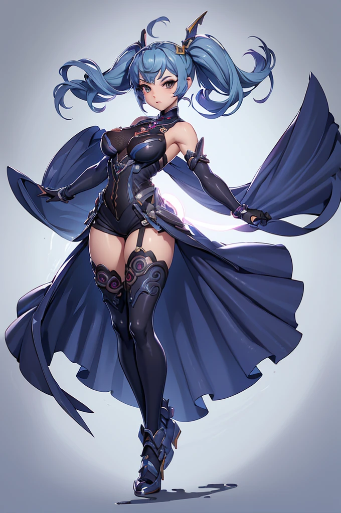 Full body view, (masterpiece, best quality), (dramatic), gritty, intense, anime character, dynamic fighting pose, 1girl only, black hair, (Hairstyle: tied), (Wearing futuristic armor), Armored gauntlets, with 50% miniskirt, Knee-high boots with high heels, fringe covers the left eye, a closed fist, Beautiful and symmetrical face, Beautiful bright blue eyes, vibrant colors, Night, highest quality digital art, Unparalleled masterpiece, dynamic lighting, epic, Cowboy shot, (intricate details), Canon EOS R50 camera with Canon R50 RF-S 50mm IS STM lens