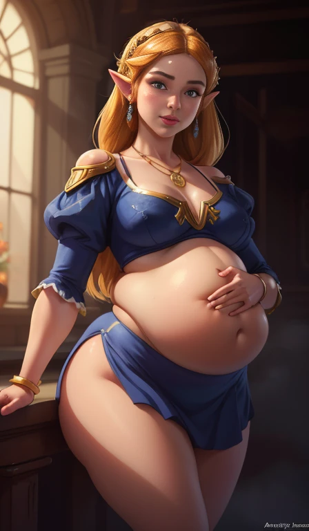 waist shot of a chubby princess Zelda, intricate, chubby face, elegant, wearing sapphire necklace, facing camera, highly detailed, digital painting, artstation, concept art, smooth, sharp focus, illustration, art by artgerm and greg rutkowski and alphonse mucha, 8k, volumetric fog, bloom, light rays, lumen, cranked bokeh, chubby, fat belly, wide hips, full belly, overfull, eating fruits. clutching her belly with her han