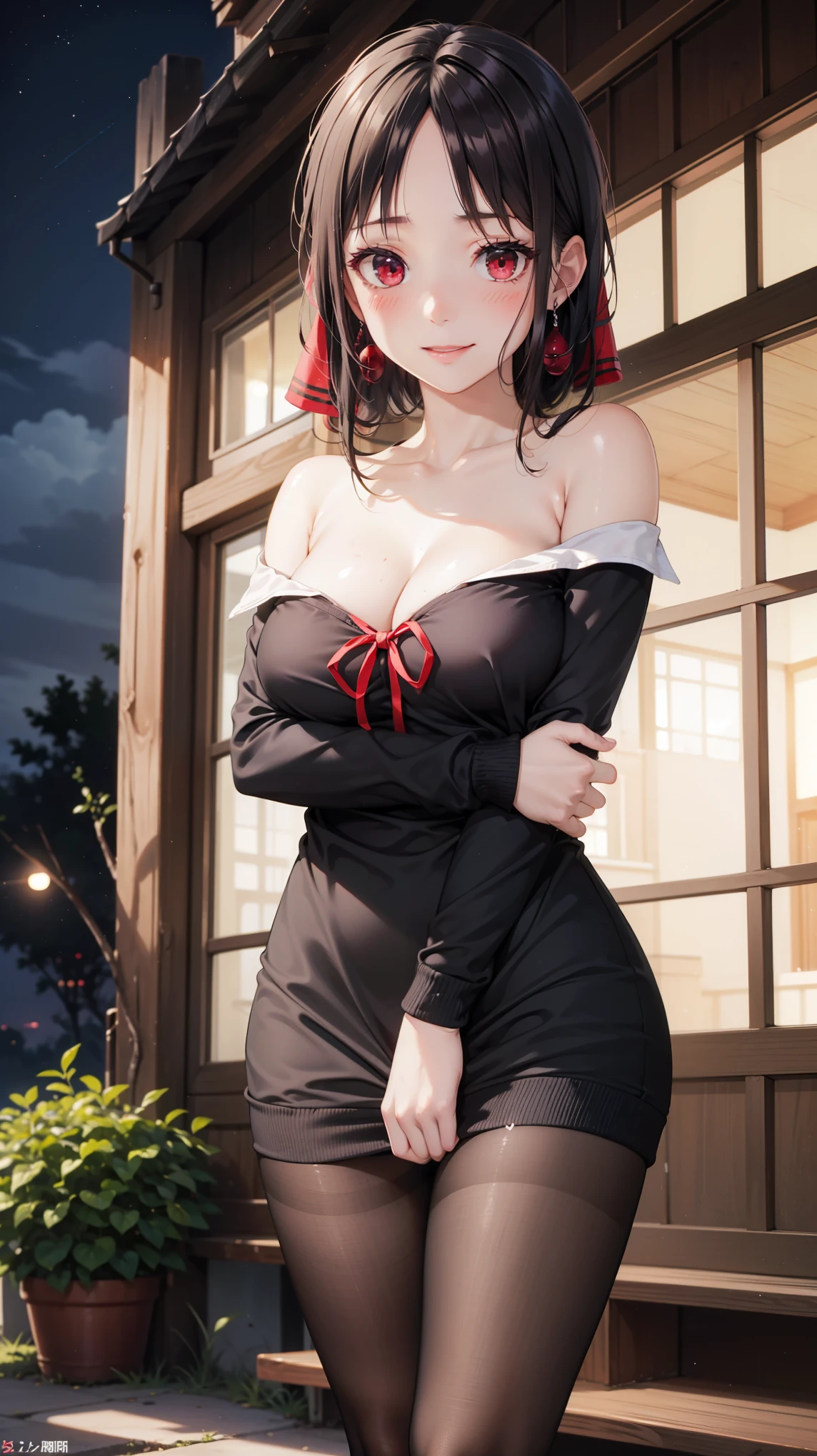  masterpiece , ultra detail,  lyrics, 8k pixels, blush, bright eyes, standing, outdoors, smile, (Evening:1.5),  slim body,   narrow waist ,  Large breasts ,your bramble, long hair,  black hair, red eyes,  bare shoulder , red sweater dress , pantyhose, earrings (Kaguya Shinomiya) (Bow in the hair) ((muy escotada)) ((enfocate en los pechos)) ((pechos descubiertos))