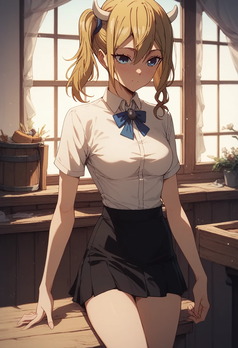 Hayasaka Ai, cow short top, shirt, short skirt, medium firm breasts, 