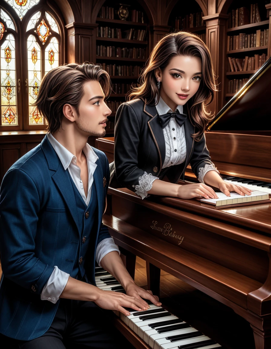  sketch of a man ,  engine sitting at and playing the piano for a girl ,  writing a melody for her man , he is 22 years old  ((with brown eyes)), Beautiful,   short brown hair in a white shirt  ,   dark grey classic vest  ,  black pants  , (((  and next to a man ,  leaning on a piano , )))   22 year old girl with long straight brown hair and blue eyes  ,   in a short emerald modern fashionable sexy beautiful dress with round sleeves,  three-dimensional against the background of a room with a piano and a window ,  gothic epic library  concept,  gothic epic library , gothic library,  alchemy library  , unreal engine render concept art, castle library, dusty library,   unreal fantastic art of the , ancient library, library of ruina concept art, photorealistic dark concept art,   dramatic lighting . concept art, inside a castle library, Старая библиотека photo  realistic illustration, hyper  realistic illustration,  realistic illustration, photorealistic detail  , hypper  realistic illustration, extreme realistic detail, photorealistic detail  ed picture, с unreal engine render concept art, ), Ultra-подробно and beautiful face,(  Gentle facial expression  :1.1), translucent white skin ,( realistic skin texture:1.1), , Bold design  , art design  ,Beautiful and подробно pattern,  detailed fabric texture , ((1 man, 1 girl)) ( romantic sensual scene for a novel  :1.1)  ((подробно background)), ((unreal engine 5)), (artstation trend), rising on CGSociety, ( clear focus ), ( high detail:1.5), (extremely detailed:1.4) Обои CG Unity 8k, профессиональная величественная масляная  Realistic image , masterpiece,  artwork,  hyperrealistic , rendering ,  realistic physical rendering ,  Photorealistic rendering ,  highly detailed ,  high-quality render ,  architectural rendering ,  very realistic 3D render ,  Realistic image ,