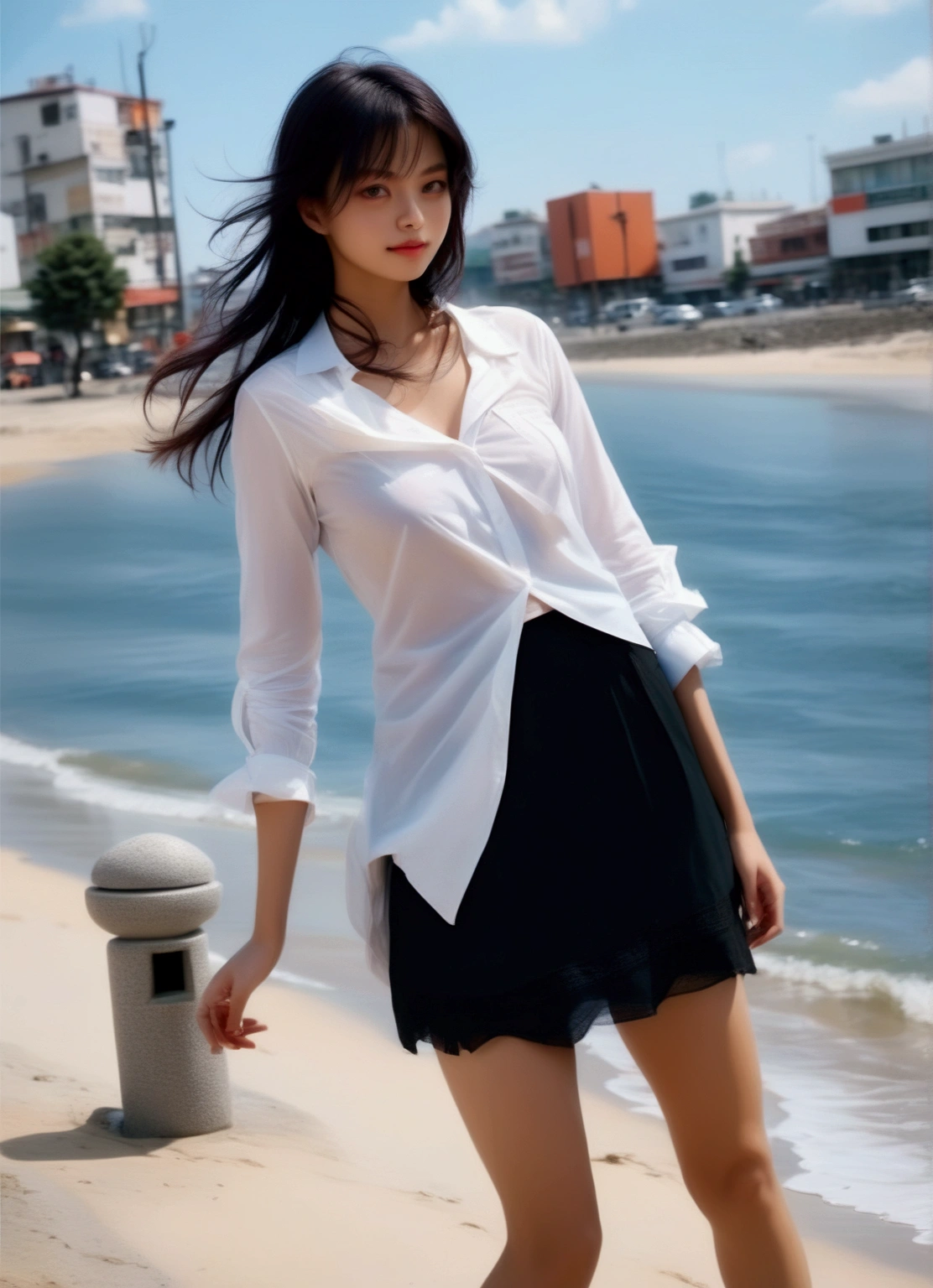 young woman, smiling with teeth, standing posed on footpath, near beach and sea,  (+swept-side bang, black hair, shoulder length hair, layered hair), wearing  white half sleeves shirt (+ rolled up sleeves), white strapless undershirt, black skirt , black heel boots, BREAK, (1girl, solo, full body), (best quality,4k,8k,highres,masterpiece:1.2),ultra-detailed,(realistic,photo-realistic:1.37),cinematic lighting,moody lighting,dramatic shadows,vibrant colors, (expressive eyes, perfect face, perfect anatomy), brighter lighting