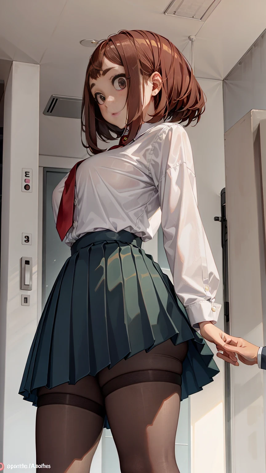 ((masterpiece, best quality, highres, uhd, perfect pixel, depth of field, 4K, RTX, HDR))), 18age, 1girl, single, 独奏, beautiful anime girl, beautiful artstyle, anime character, ((short hair, bangs, brown hair, curly hair:0.8)), ((green eyes:1.4, rounded eyes, beautiful eyelashes, realistic eyes)), ((detailed face, blushing:1.2)), ((smooth texture:0.75, realistic texture:0.65, photorealistic:1.1, anime CG style)), large breasts, dynamic angle, perfect body, ((portrait, ass pov)), ((red bowtie, gray jacket, open jacket, white shirt, black skirt, plaid skirt)), smile, School, Photo from behind, Posture with the back of the body,
