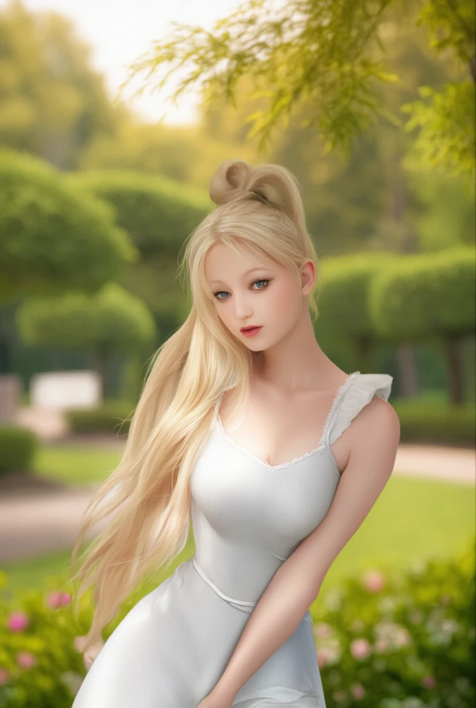 lexxxie_lora_ai with her long blonde hair in a ponytail wearing a white sundress in the park