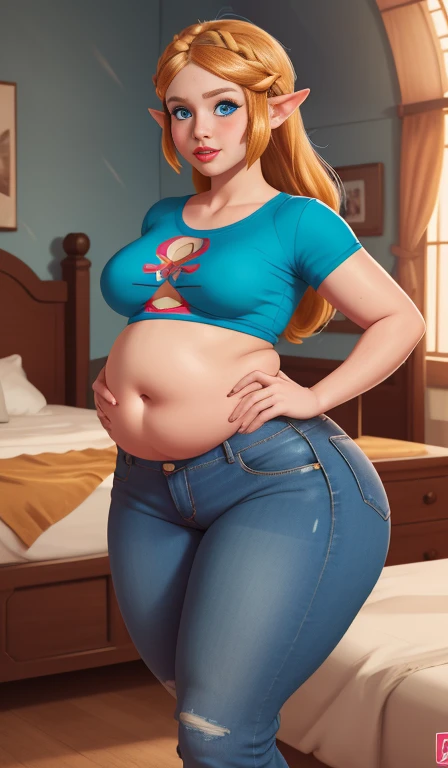 Fat princess Zelda, chubby, fat belly, plump, big butt, wide hips, blue eyes, nintendo, tight jeans, crop top, belly exposed, teasing, seductive, flirty, sexy, red cheeks, horny, bedroom 