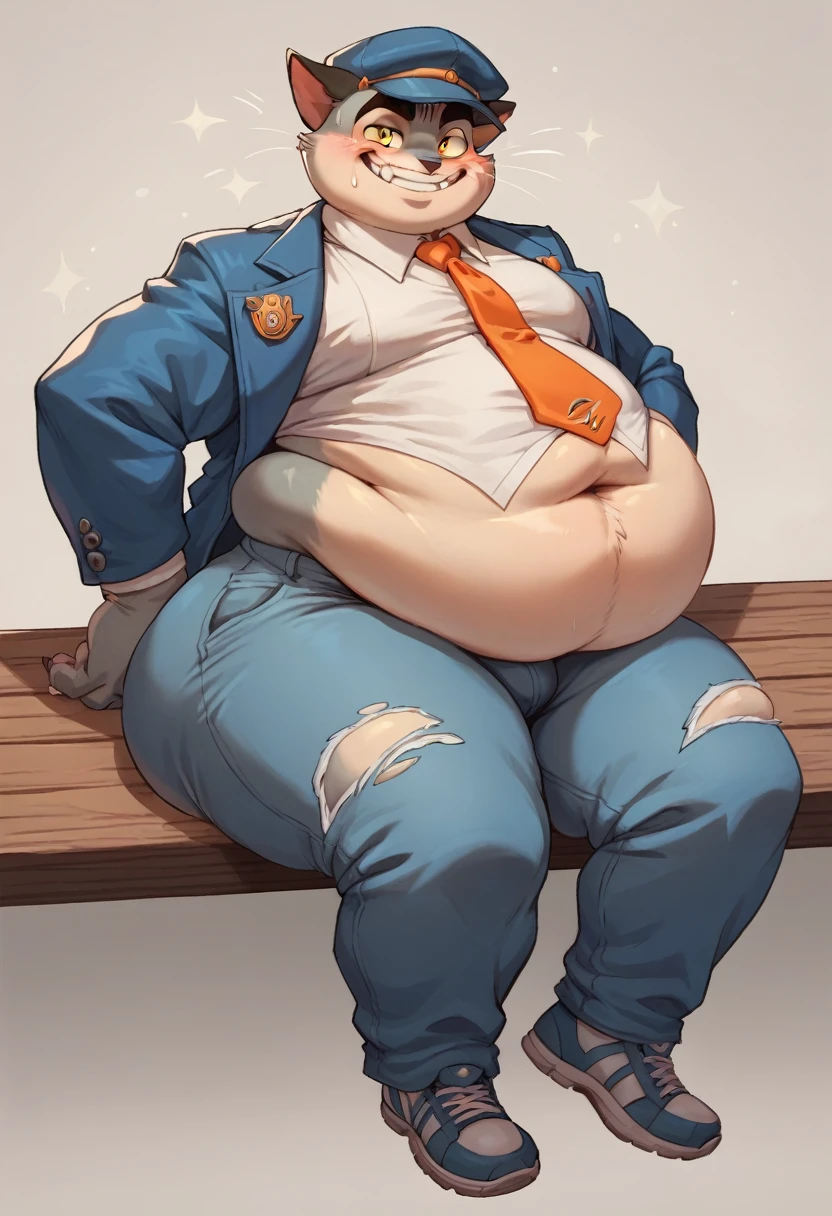  Fat tall anthropomorphic cat with gray hair Fat man in a blue hat in a torn blue jacket and torn blue pants in a torn white shirt and orange tie fat fat huge belly, huge fat cheeks sitting looking at the viewer pees in pants , smile fat fat belly  , fat ass gets fat belly grows pees and poops in pants