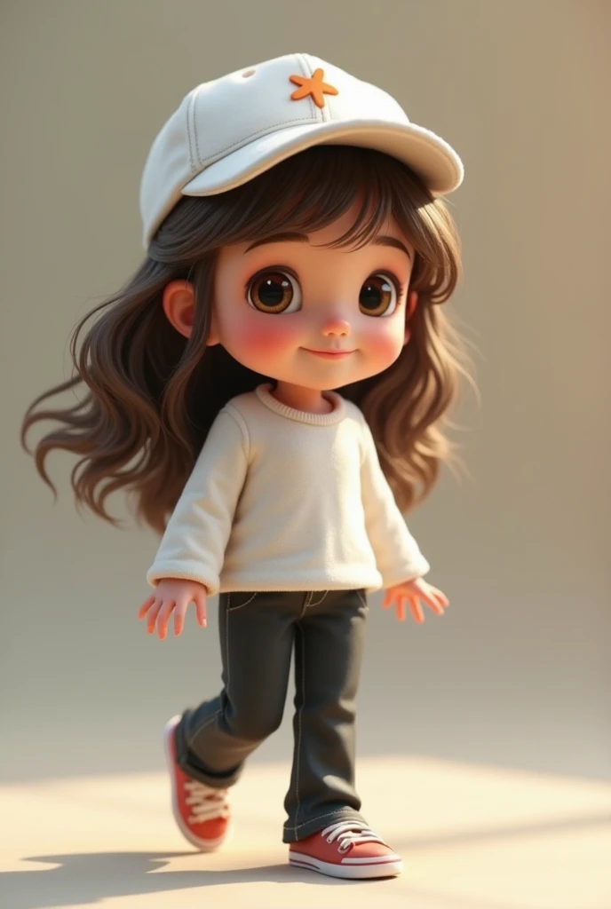 Mujy ek pic bana ka do jis mian ek cute see animated girl park main walk kr rahi ho or os ki shirt ka colour wite ho or shirt pa sehar lekha ho or pent ka colour black ho kr shose ka colour wite or cap pa s logo bana ho