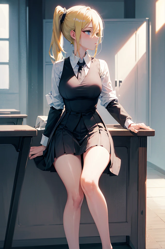 Ino yamanaka, Solo, black lence stockings, sitting on the classroom desk,((Keep your legs closed,Jirou legs)),Wear miniskirts,shyexpression,down view,Medium chest,Exposed cleavage