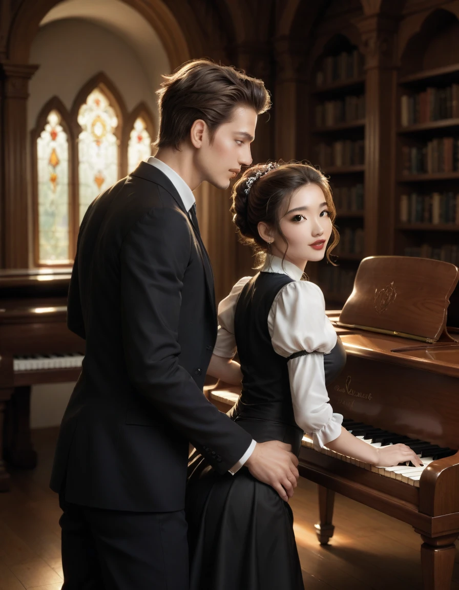  sketch of a man ,  engine sitting at and playing the piano for a girl ,  writing a melody for her man , he is 22 years old ((with brown eyes)), Beautiful,  short brown hair in a white shirt  ,  dark grey classic vest  ,  black pants  , (((  and next to a man ,  leaning on a piano , )))  22 year old girl with long straight brown hair and blue eyes  ,  in a short emerald modern fashionable sexy beautiful dress with round sleeves,  three-dimensional against the background of a room with a piano and a window ,  gothic epic library  concept,  gothic epic library , gothic library,  alchemy library  , unreal engine render concept art, castle library, dusty library,  unreal fantastic art of the , ancient library, library of ruina concept art, photorealistic dark concept art,  dramatic lighting . concept art, inside a castle library, Старая библиотека photo  realistic illustration, hyper  realistic illustration,  realistic illustration, photorealistic detail  , hypper  realistic illustration, extreme realistic detail, photorealistic detail  ed picture, с unreal engine render concept art, ), Ultra-подробно and beautiful face,(  Gentle facial expression  :1.1), translucent white skin ,( realistic skin texture:1.1), , Bold design  , art design  ,Beautiful and подробно pattern,  detailed fabric texture , ((1 man, 1 girl)) ( romantic sensual scene for a novel  :1.1) ((подробно background)), ((unreal engine 5)), (artstation trend), rising on CGSociety, ( clear focus ), ( high detail:1.5), (extremely detailed:1.4) Обои CG Unity 8k, профессиональная величественная масляная  Realistic image , masterpiece,  artwork,  hyperrealistic , rendering ,  realistic physical rendering ,  Photorealistic rendering ,  highly detailed ,  high-quality render ,  architectural rendering ,  very realistic 3D render ,  Realistic image ,