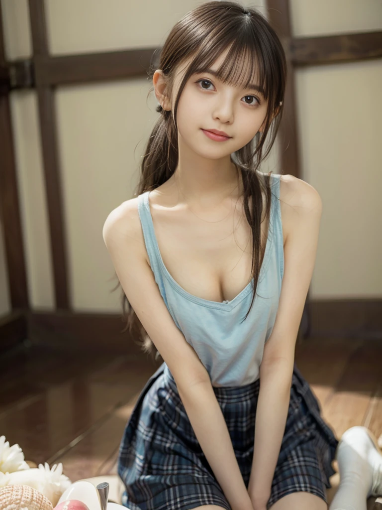 1girl in , 12year old, Happy smile, masutepiece, Best Quality, Detailed, Lori, Sitting on a desk in a classroom,Full-body image, 
a junior high school student, Small white underwear wet and see-through, Lori, tits out, (slender:1),
japanse, small brest, Wearing sneakers,Vulgarity, The wind is blowing