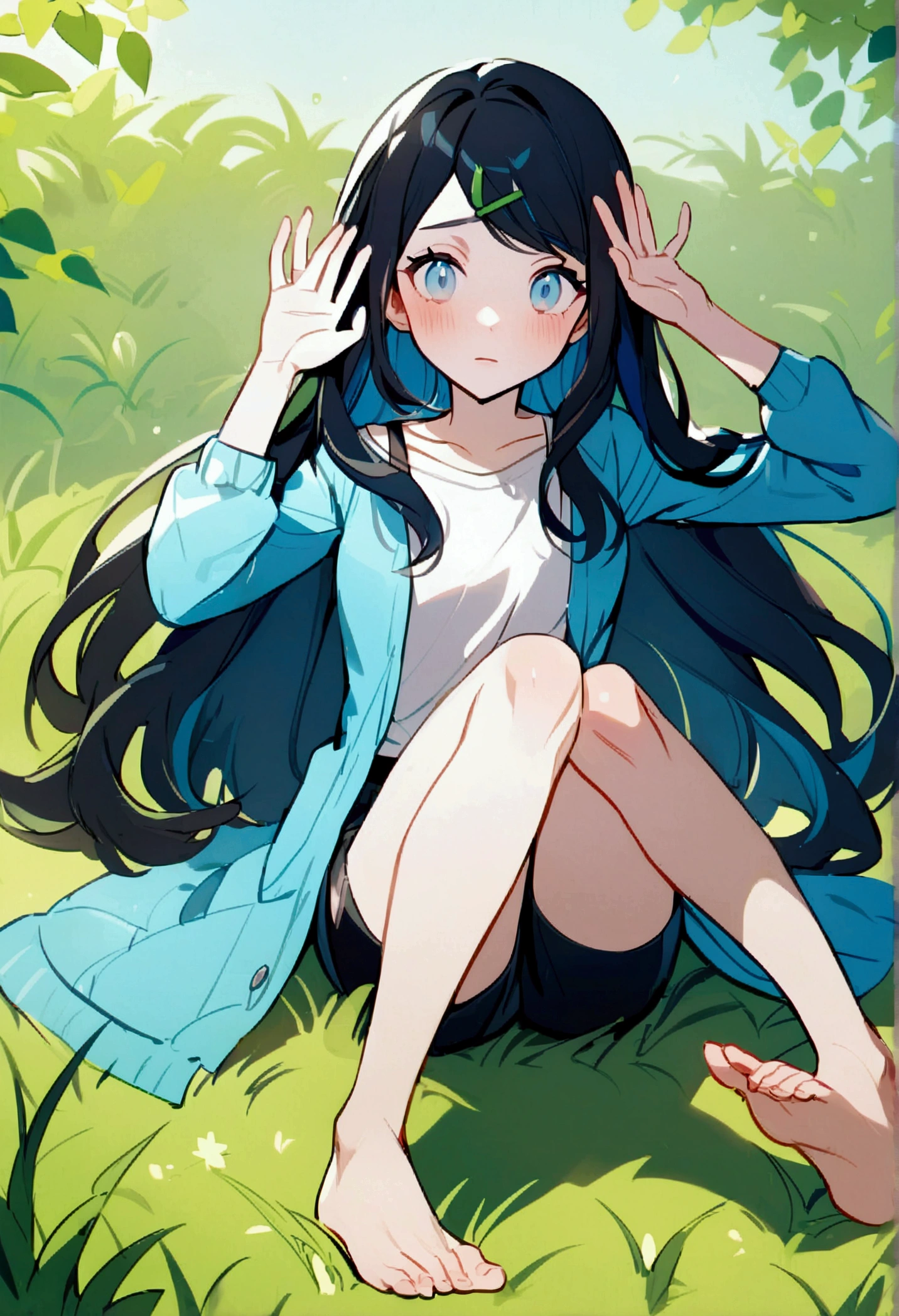 Ph-liko, black long hair, light blue eyes, blue Jacket, white shirt, black shorts, short blue strap socks, green triangle hair clip, barefoot, on  the grass while looking shy, hands wave. 