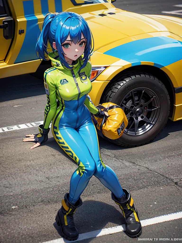 The girl blue head, yellow green motorsport zip suit, gloves, boots,