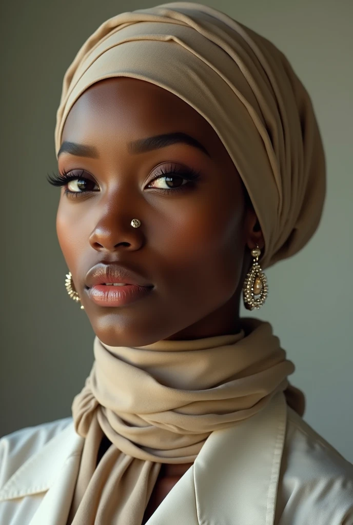 African model, close up, face focus, natural light, posing for picture, greeneyes, fat lower lip, huge lips, thick lips, dark skin, hijab, turtleneck sweater, long sleeves, freckles