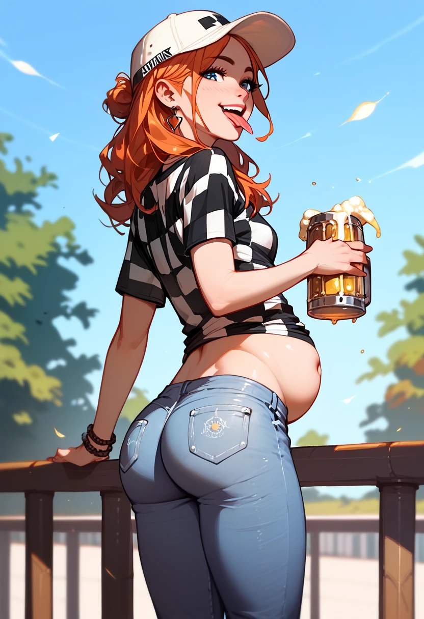 Max caufield, checkered sleeved shirt, shirt, jeans, tongue drop, girl, small breasts, ass, beer belly overhang,