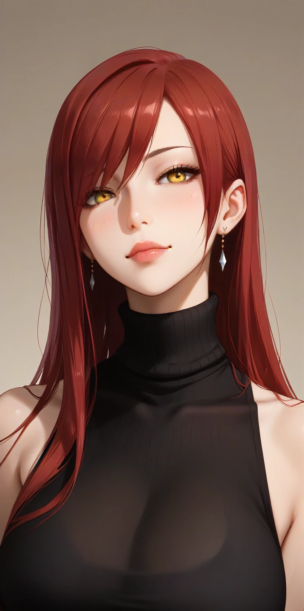 Score_9, Score_8_up, Score_7_up, Source_anime, anime art, anime style, masterpiece, best quality, very aesthetic, 1girl, mature woman, milf, curvaceous, long hair, side bangs, maroon hair,  sleeveless turtleneck, erza, seductive face, perfecteyes, yellow eyes, upper body, home