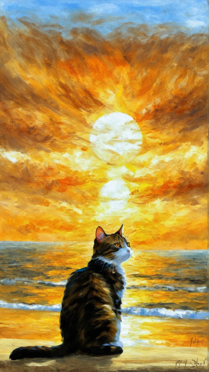 Brown tabby cat　sunset　The sun is orange　There is 1 cat　sea　