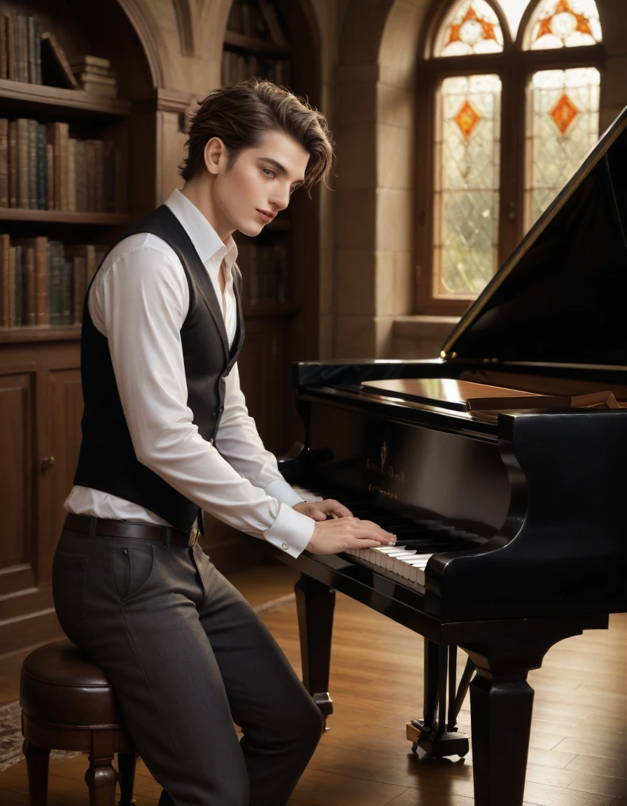  sketch of a man ,  engine sitting at and playing the piano for a girl ,  writing a melody for her man , he is 22 years old ((with brown eyes)), Beautiful,  short brown hair in a white shirt  ,  dark grey classic vest  ,  black pants  , (((  and next to a man ,  leaning on a piano , )))  22 year old girl with long straight brown hair and blue eyes  ,  in a short emerald modern fashionable sexy beautiful dress with round sleeves,  three-dimensional against the background of a room with a piano and a window ,  gothic epic library  concept,  gothic epic library , gothic library,  alchemy library  , unreal engine render concept art, castle library, dusty library,  unreal fantastic art of the , ancient library, library of ruina concept art, photorealistic dark concept art,  dramatic lighting . concept art, inside a castle library, Старая библиотека photo  realistic illustration, hyper  realistic illustration,  realistic illustration, photorealistic detail  , hypper  realistic illustration, extreme realistic detail, photorealistic detail  ed picture, с unreal engine render concept art, ), Ultra-подробно and beautiful face,(  Gentle facial expression  :1.1), translucent white skin ,( realistic skin texture:1.1), , Bold design  , art design  ,Beautiful and подробно pattern,  detailed fabric texture , ((1 man, 1 girl)) ( romantic sensual scene for a novel  :1.1) ((подробно background)), ((unreal engine 5)), (artstation trend), rising on CGSociety, ( clear focus ), ( high detail:1.5), (extremely detailed:1.4) Обои CG Unity 8k, профессиональная величественная масляная  Realistic image , masterpiece,  artwork,  hyperrealistic , rendering ,  realistic physical rendering ,  Photorealistic rendering ,  highly detailed ,  high-quality render ,  architectural rendering ,  very realistic 3D render ,  Realistic image ,