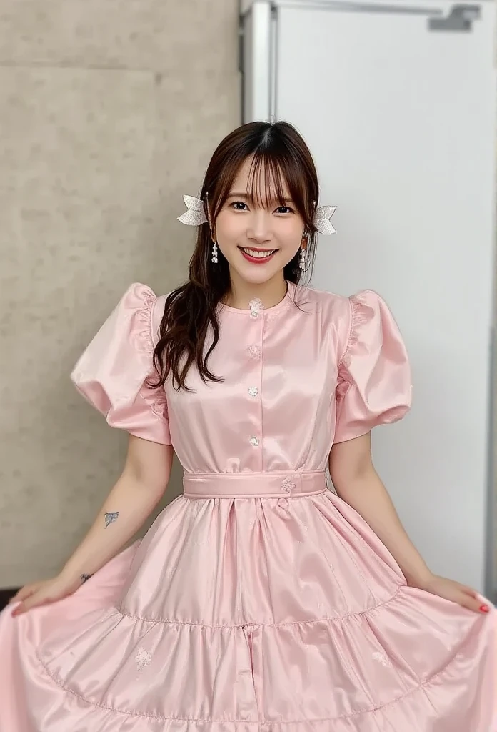 A cafe with a cute interior ,  a girl wearing pink maid clothes and angel wings is laughing、Watching Me. Age 25, 
 super detailed,  wacky resolution ,  best quality,  pink and brown tones , Long black hair,