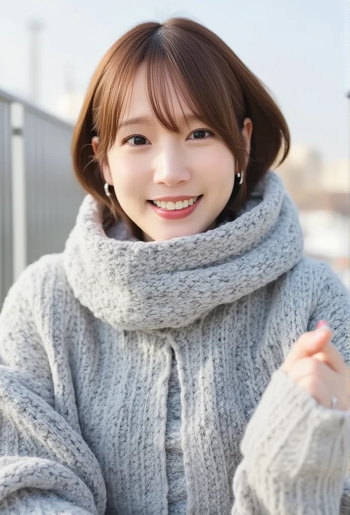 Winter Scenery,((Show only your face 、  face close-up ))、(Realistic、 Photographically、  super detailed、 Sold in bulk only  、top-quality、​masterpiece、  ultra high resolution)、   cute Japanese woman tying up a man   、、  Female Adult、、light makeup、 one girl、With bangs、 double eyelids、Droopy eyes、 Big Black Eyes 、 The Face of Japan 、smile、Charming、purity、 cute smile、Double tooth  、 Please see here 、Realisticな肌質、Thick muffler、 Grey Scarves 、  fluffy hair 、  curled hair  、  red cheeks  、  wind is blowing、it's snowing、Lighting from behind

