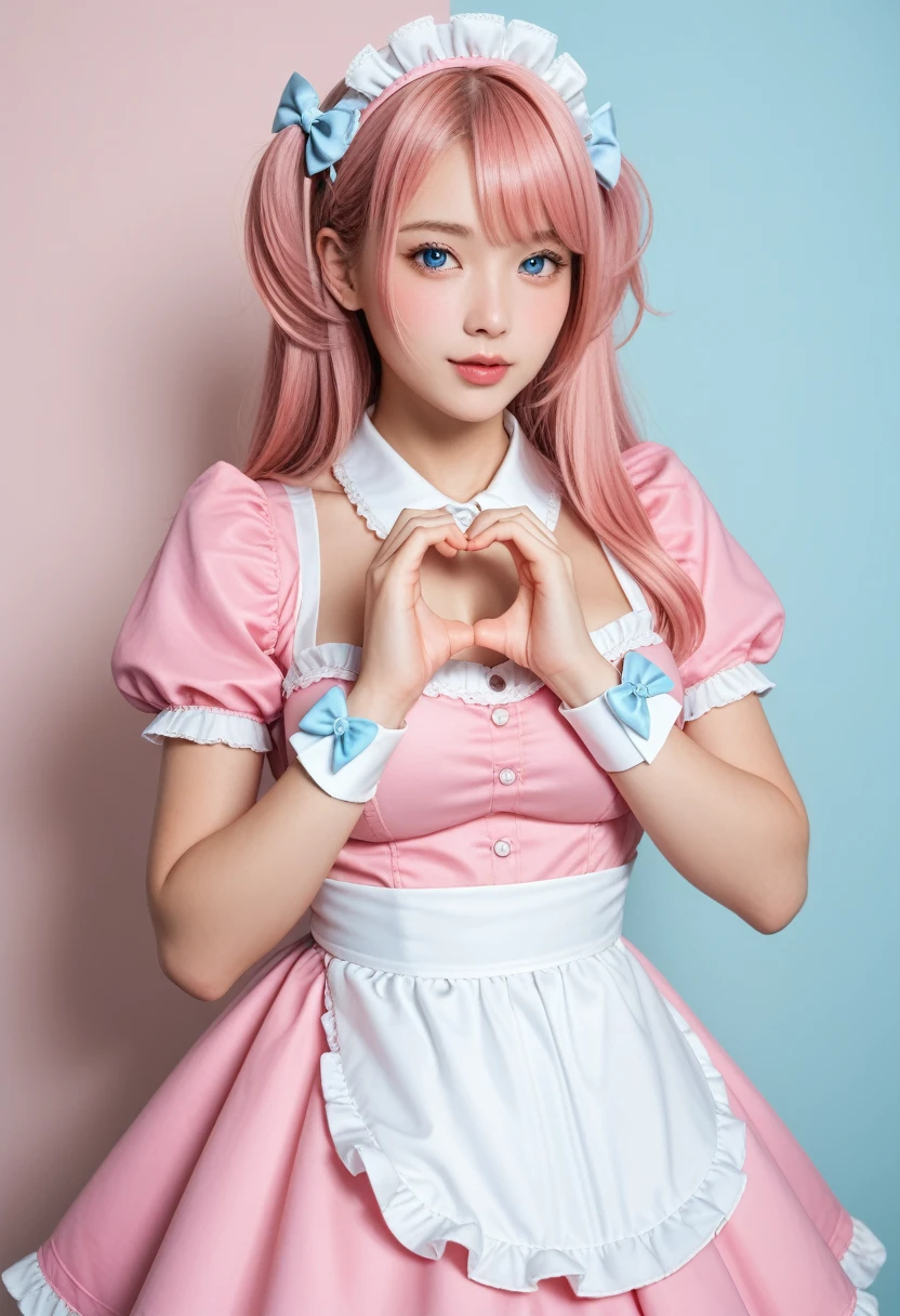 1girl,gal,large breasts,(best quality,absolutely resolution,ultra detailed,masterpiece),(photo realistic),8K,(detailed face),delicate realistic skin texture,(Shining eyes),sexy pose,embarrassed,blush,heart hands,blue eyes,Beautiful Eyes,pink hair,maid headdress,thigh highs,puffy short sleeves,dress,apron,white apron,long hair,two side up,light blue bow,hair ornament,puffy sleeves,short sleeves,pink dress,wrist cuffs,pink bow,maid headdress,puffy short sleeves,dress,white apron,light blue bow,hair ornament,puffy sleeves,short sleeves,pink dress,wrist cuffs,pink bow,hair ornament,pink heart background