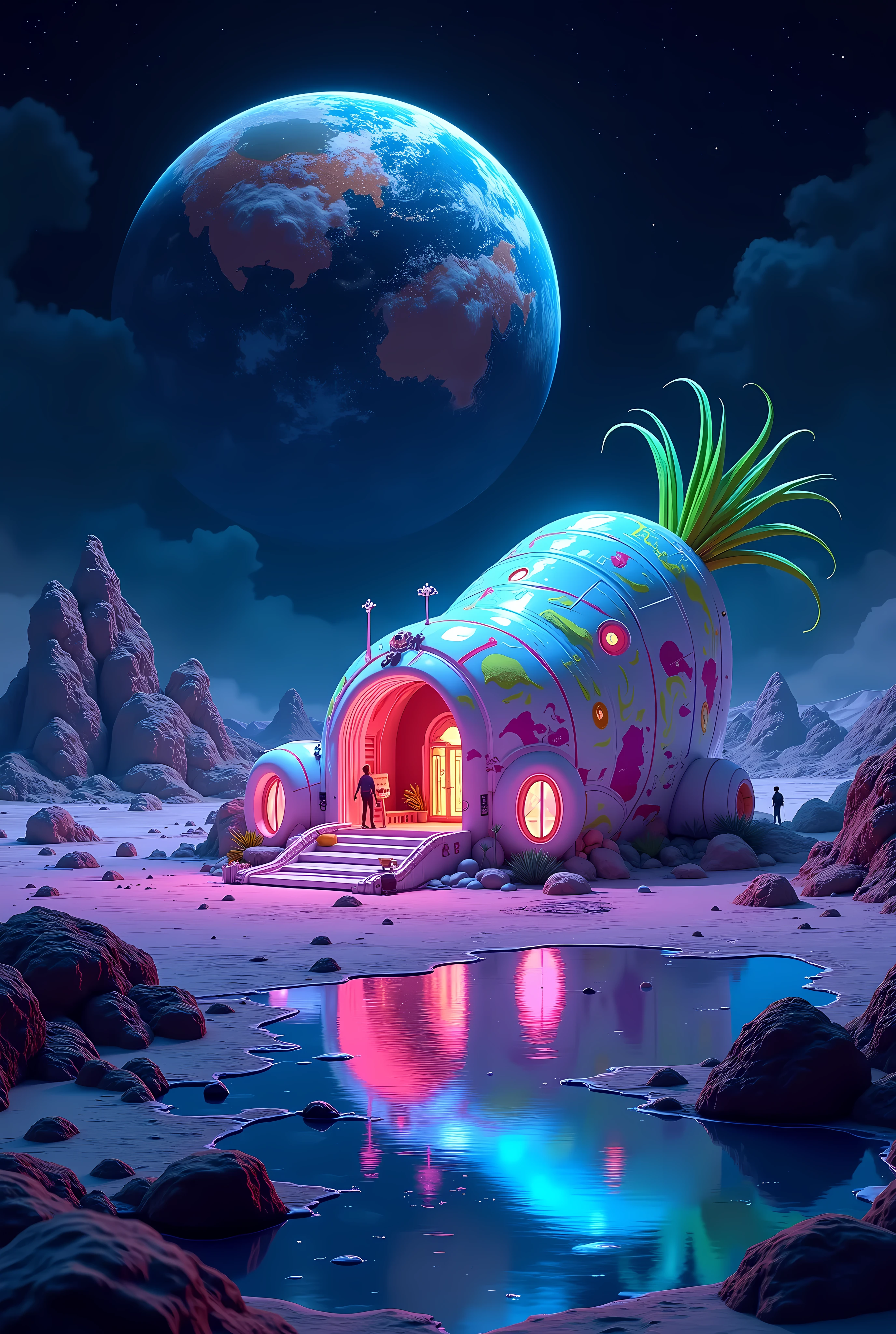 
Beautiful Earth, Moon baseの,  dub graffiti projection, White and Elongated Radish House ,  dub graffiti projection, "Moon base",  fantastic color,  dub graffiti projection, character, "Let's enjoy generating !!"