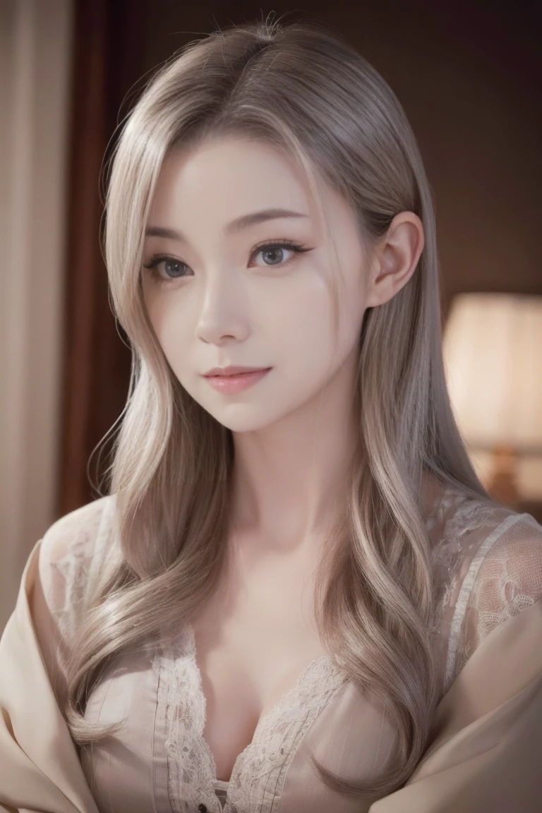 A beautiful silver-haired adult woman with a soft face, wavy hair, perfect big brown eyes, detailed face, long eyelashes, wearing modest clothes, elegant silk flower background, cinematic photorealistic lighting, dramatic night scene, (best quality,4k,8k,highres,masterpiece:1.2),ultra-detailed,(realistic,photorealistic,photo-realistic:1.37),cinematic,dramatic,moody,warm light