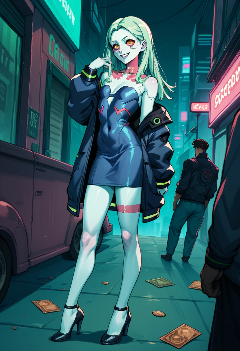 Angry girl 1 person, full body, cyberpunk, blue eyes, glowing eyes, black coat, open coat, neon, teen